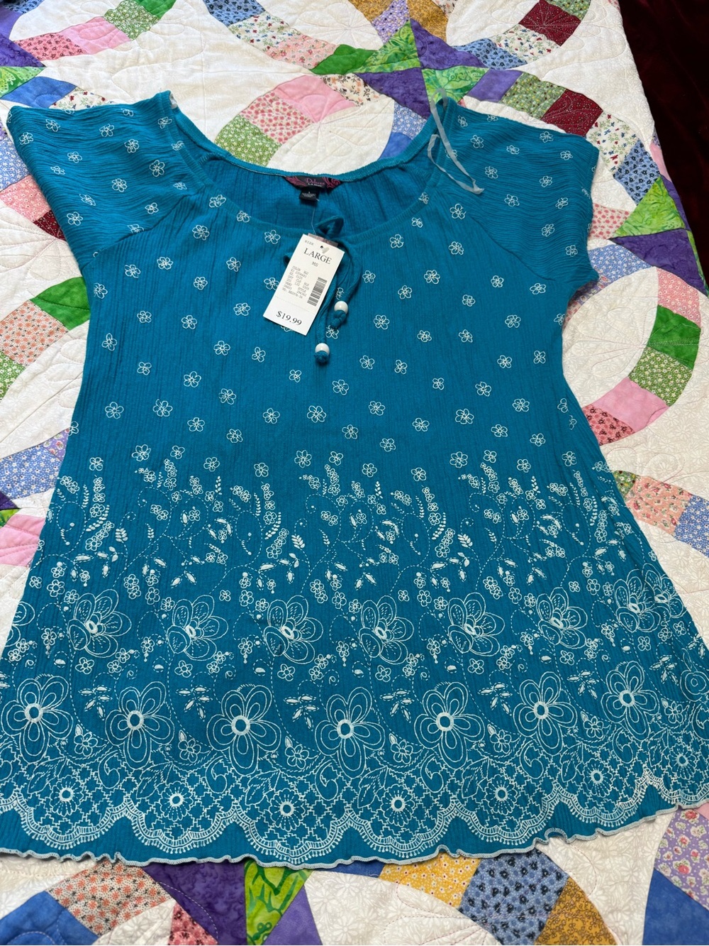 L.A. Blues Teal Short Sleeve Floral Embroidered Tunic
